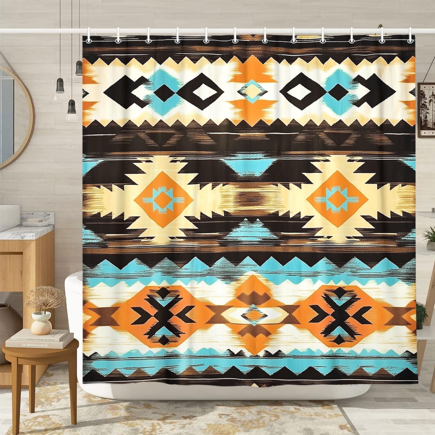 

Western Aztec Shower Curtain With Dancing Kokopelli Cactus Turtle, Navajo Native American Southwestern Shower Curtains Tribal W60H190(CM)-1 Pcs
