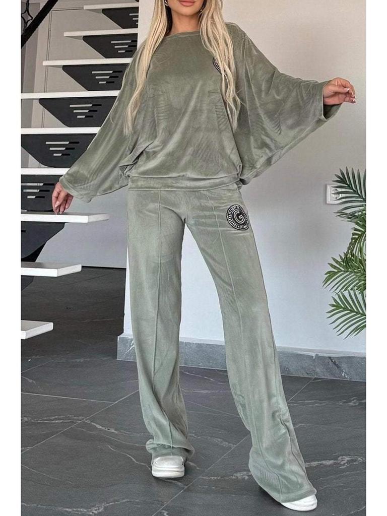 2024 Trendy Dames Goud Fluweel Vleermuismouw Tweedelige Set - Herfst/Lente