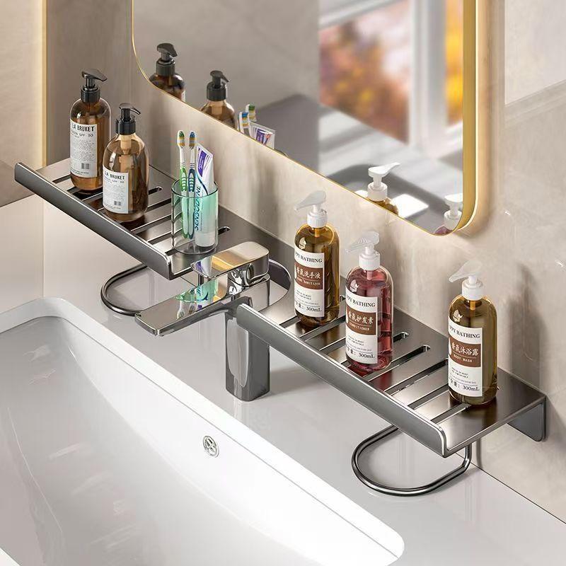 No Drill Carbon Steel Sink Organizer, Wall Mounted Faucet Shelf With Drainage, Bathroom Vanity Countertop Storage Rack For So
