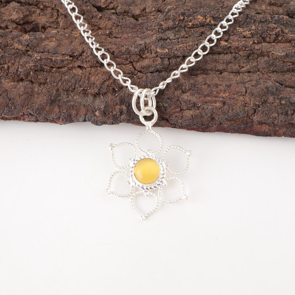 Round Yellow Cat'S Eye Stone 925 Silver Anniversary Sisters Day Pendant Jewelry PP-18-40