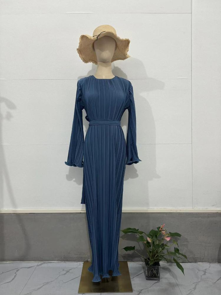 Pleated Maxi Dress Long Flared Sleeves Fitted Waist Elegant Women's Party Dress Casual Ankle-Length