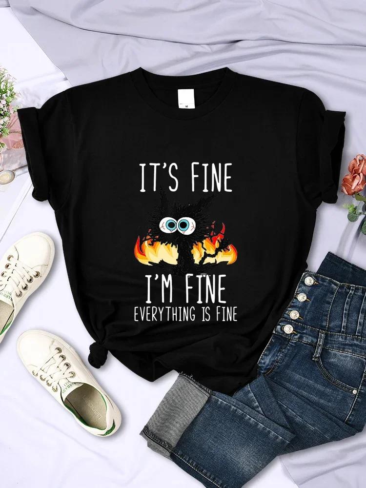 Lovely Funny Black Cat T Shirt Its Fine Im Fine Everythings Fine Tees Harajuku Streetwear Kittenscat Lovers Shirts for Unisex S