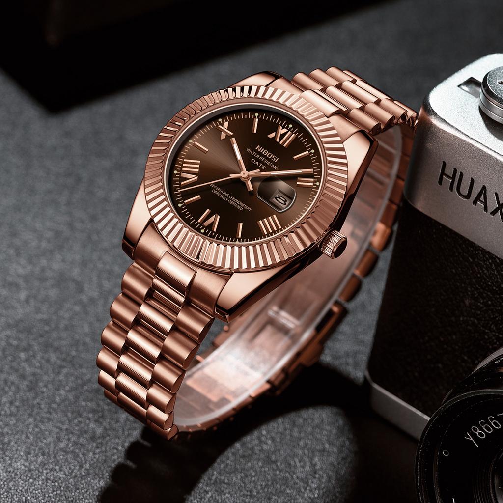 Luksuriøst Gullrødt Kvartsur for Menn Rustfritt Stål Vanntett Selvlysende Dato Uke Mote Herreklokker Reloj Hombre