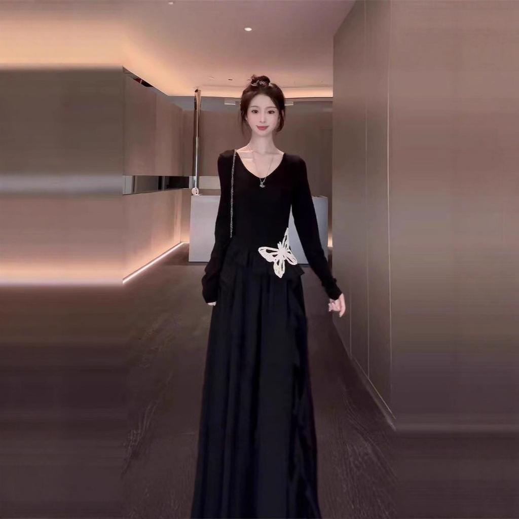 Autumn New Long-sleeved Irregular Butterfly Small Black Dress Long Dress Early Autumn Wear Elastic Waist Pinch Dress