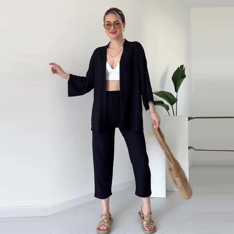 2024 Autumn Casual Solid Color Loose Top and Long Pants Set - European and American Lazy Style