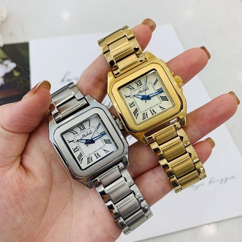 Orologio da Donna Oro Acciaio Massiccio Cinturino Quadrato Romano Impermeabile Orologio al Quarzo di Fascia Alta