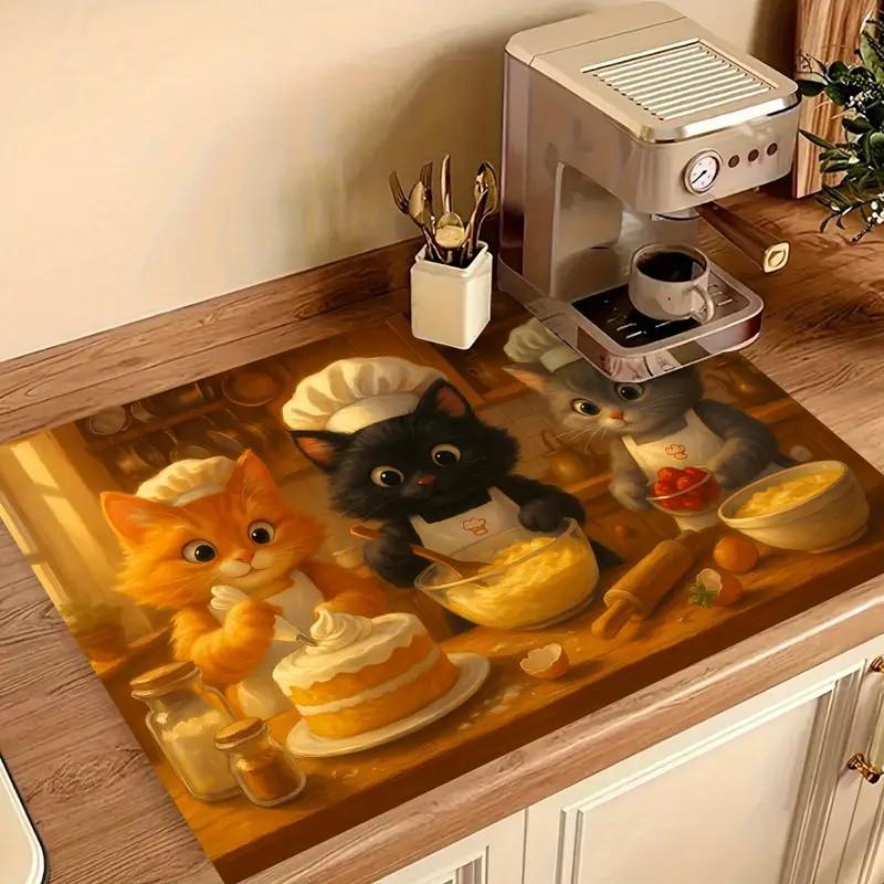Kitten Cute Cat Kitchen Tableware Drying Mat Coffee Machine Drain Pad Countertop Absorbent Draining Mat Dinnerware Table Decor