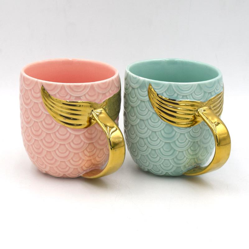 Creative Mermaid Shaped Mug Pearl Glaze Gold Ceramic Water Cup Coffee Cup