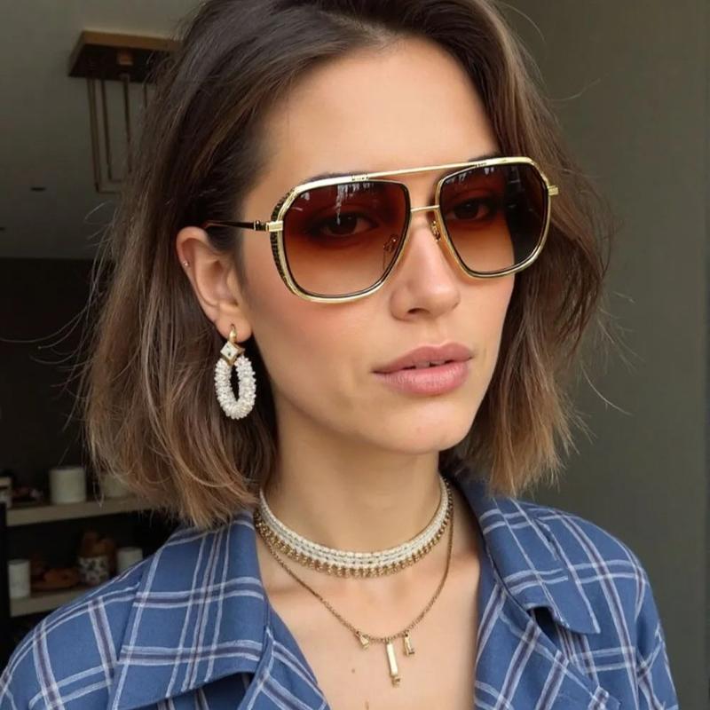Non-polarized Fashion Sunglass Men Vintage Sunscreen Oversized Sunglasses Women Trendy Metal Glasses