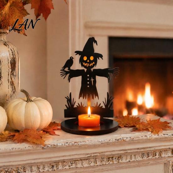 Spooky Pumpkin Tea Light Decor Halloween Wooden Candle Holder, Black Hollow Crow Spider Tealight Display Party Atmosphere Stand, Gothic Silhouette