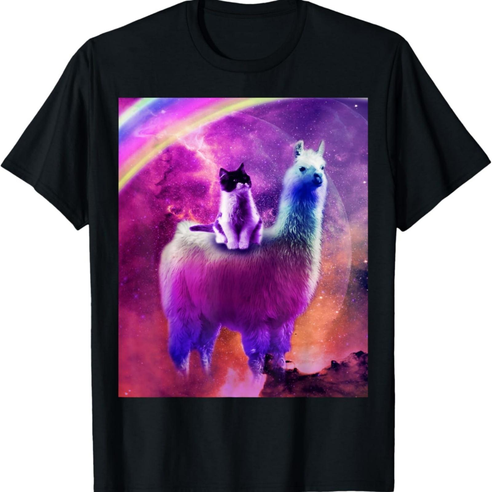 Футболка «Котенок верхом на радужной ламе в космосе» S