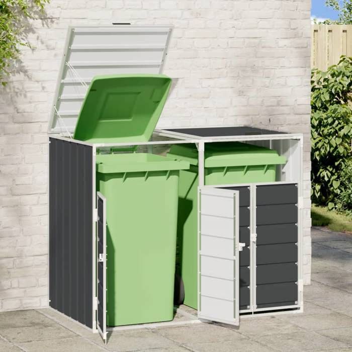 VidaXL Rangement à roulettes pour poubelles pour deux bacs acier, rangement de poubelles, rangement de poubelles de jardin, 4006177