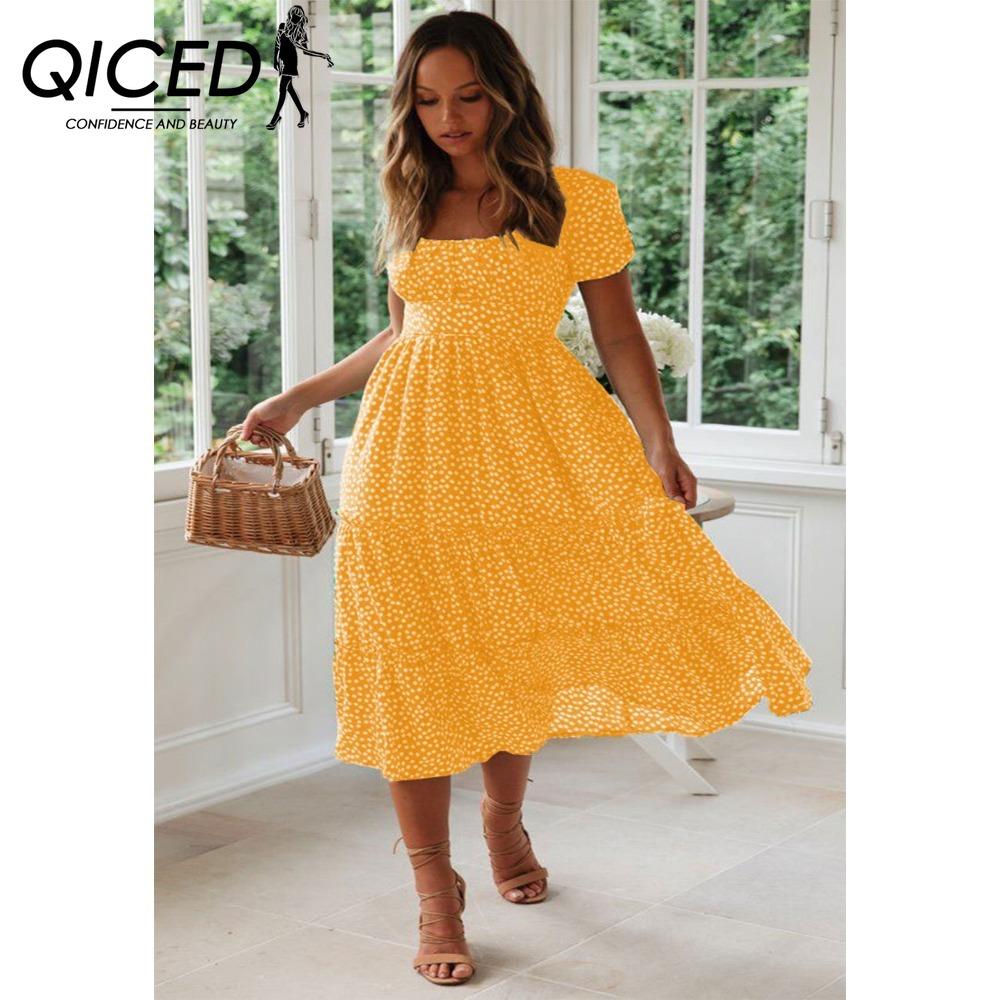 QICED Summer Love Polka Dot Dress Women Casual A-Line Short Sleeve Square Collar Ruffle Midi Dress Chiffon Red Black Blue Green