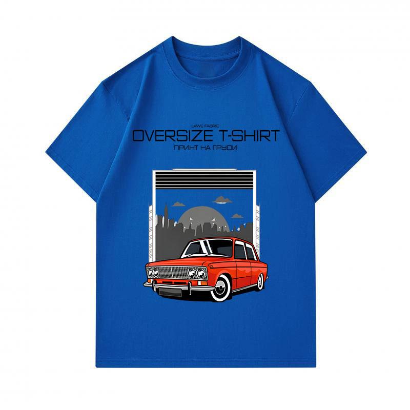 Men's 100% Cotton Crew Neck Short Sleeve T-Shirt, Retro Red Classic Car Urban City Sunset Print Casual Oversized Comfortable Summer Tee For Street Dai