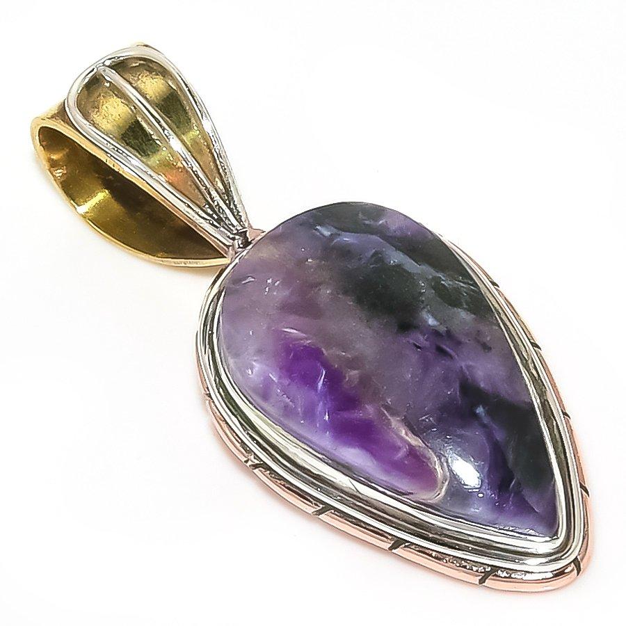 

Natural Charoite Gemstone Two Tone 925 Solid Sterling Silver Pendant 1.40 t4h38