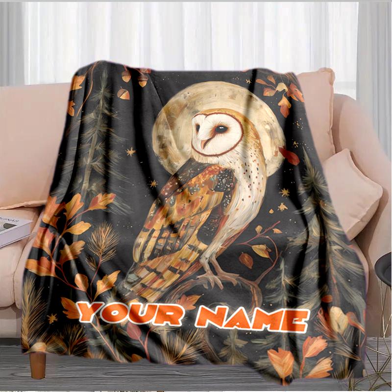 1PC Custom Name Moonlit Forest Owl flannel blanket versatile,all-season throw suitable for the living room,bedroom,camping,travel,and gift