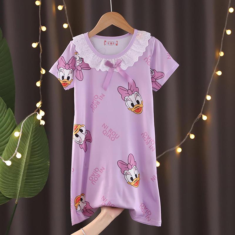 Girls' Summer Princess Lace Pajamas - Frozen Cartoon Nightgown with Short Sleeves KPOP Style Homewear