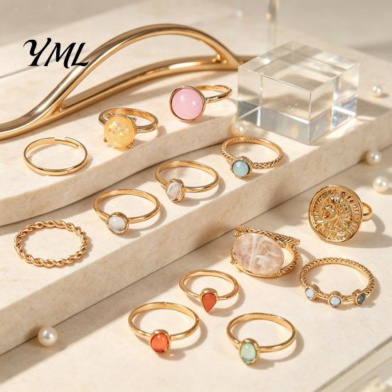 Colorful Crystal Ring Set 13Pcs Gold Plated with Gemstone Embellishments, Fashion Minimalist Accessories Stackable Rings for Women, Trendy Jewelry
