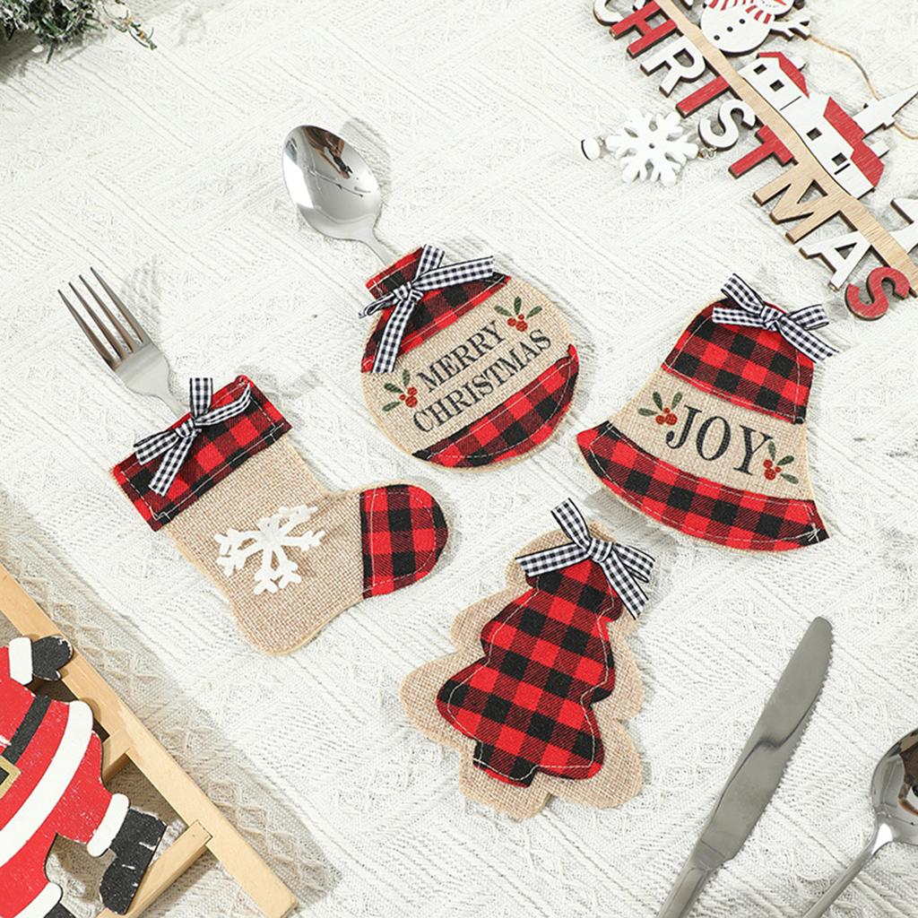 Christmas Plaid Fabric Fork and Knife Sleeves with Embroidery Holiday Table Decorations for Party Dining