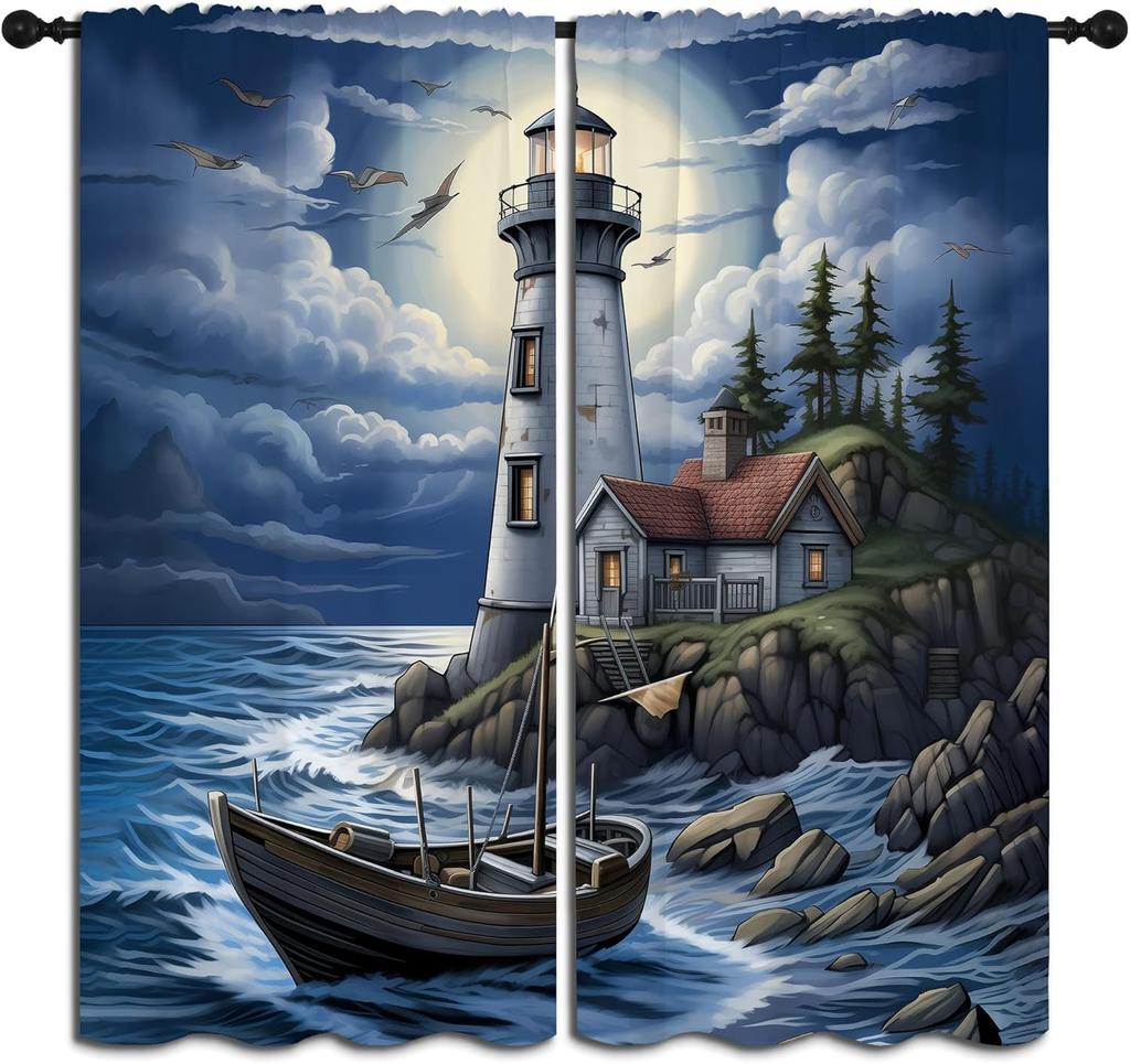 Nautical Lighthouse Rod Pocket Blackout Curta For Boy Girl Bedroom, Waves Seagull Blue Watercolor Art Thermal Insulated Home