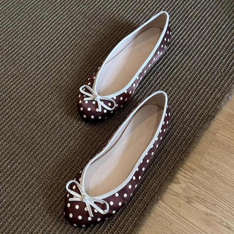 Polka Dot Round Toe Ballet Flats for Women Bow Decoration Shallow Sweet Dress Shoe Lightweight Soft Comfort Loafers