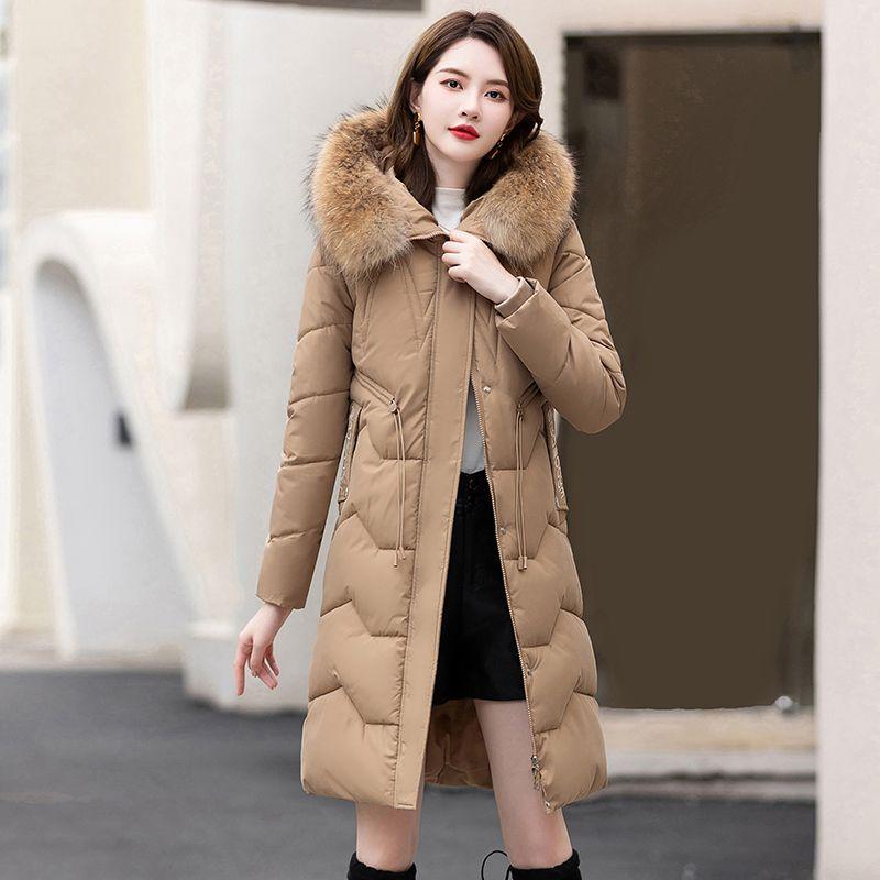 Down Jacket Women's Medium and Long New Slim-fit Fur Collar Warm Duck Down Thickened Jacket Winter