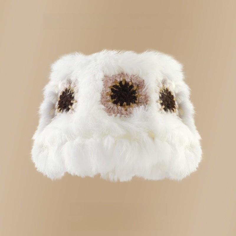 Cartoon Style Wool Beanie With Plush Fur Material And Adjustable Fit For Casual Wear