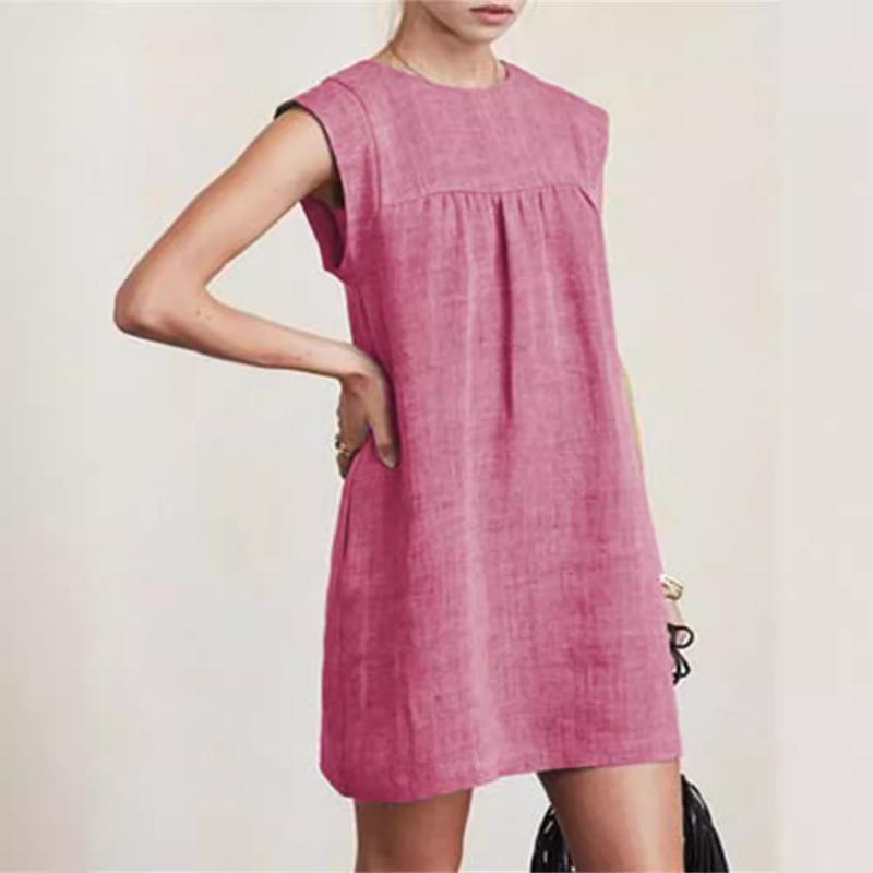 Fashionable New Summer Loose Women's Casual Cotton Linen Solid Color Dress