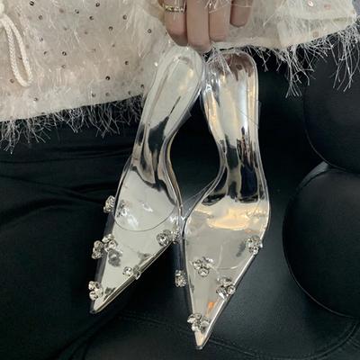 Scarpe da Donna Sexy con Glitter e Cristalli in PVC Trasparente, Tacchi Sottili, Slingback con Punta Acuta per Festa e Ballo