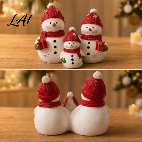 Holiday Atmosphere Decor Christmas Resin Snowman Figurine Cute Family of 3 Statue with Santa Gift for Friends Hat Red Scarf Tabletop Ornament