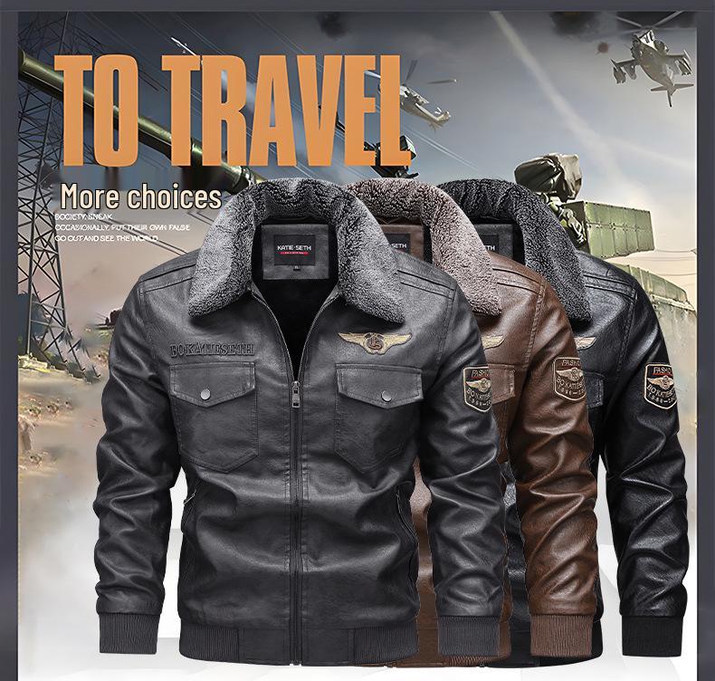 Men's European Winter PU Leather Jacket with Velvet Collar - Large, Warm, Windproof Motorcycle Style