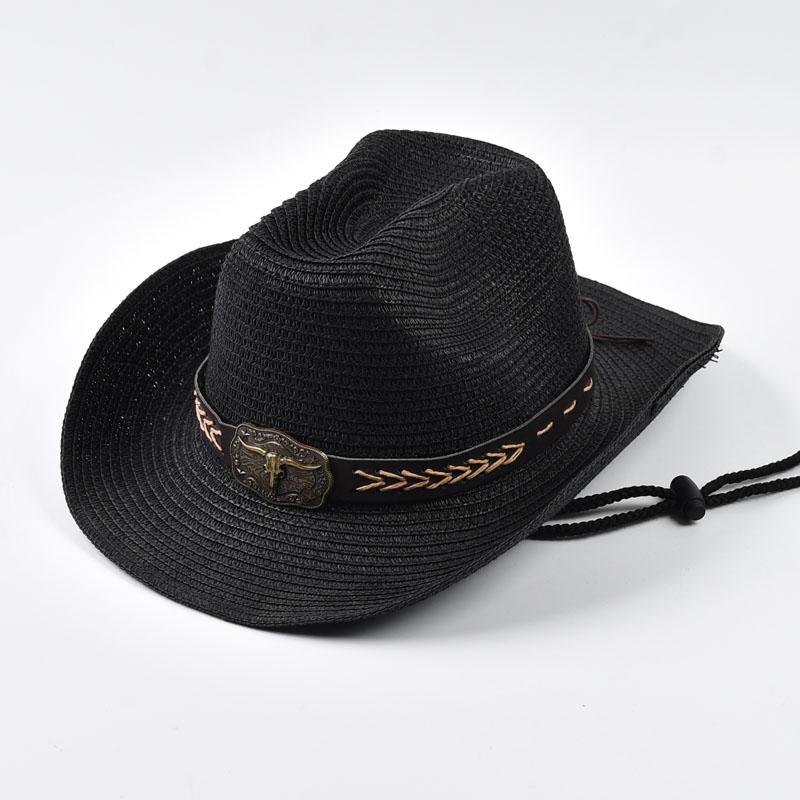 

Wide Brim Straw Western Cowboy Hat Men Women Outdoor Sun Protection Hat with Wind Lanyard Durable Travel Foldable for Summer One Size чорний