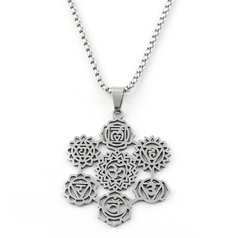 Yoga 7 Chakra Flower Om Aum Symbol Pendant Necklace for Women Men Stainless Steel Gold Color Hindu Reiki Healing Amulet Jewelry