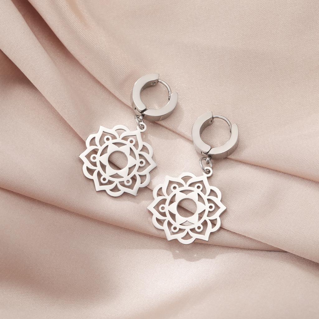 LIKGREAT Stainless Steel Lotus Flower Earrings Elegant Mandala Chakra Drop Pendant Women Healing Buddha Spiritual Yoga Jewelry