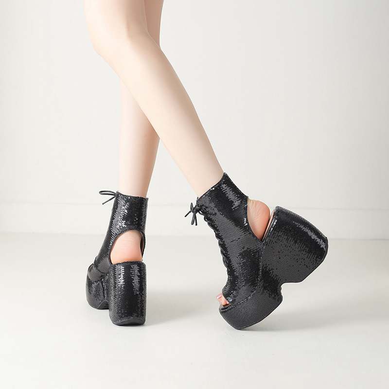 Krazing Pot Sequin Cloth Spring Summer Size 43 Size 42 Women Platform Women Peep Toe Toe Sexy Summer Boots Lace Up Pumps