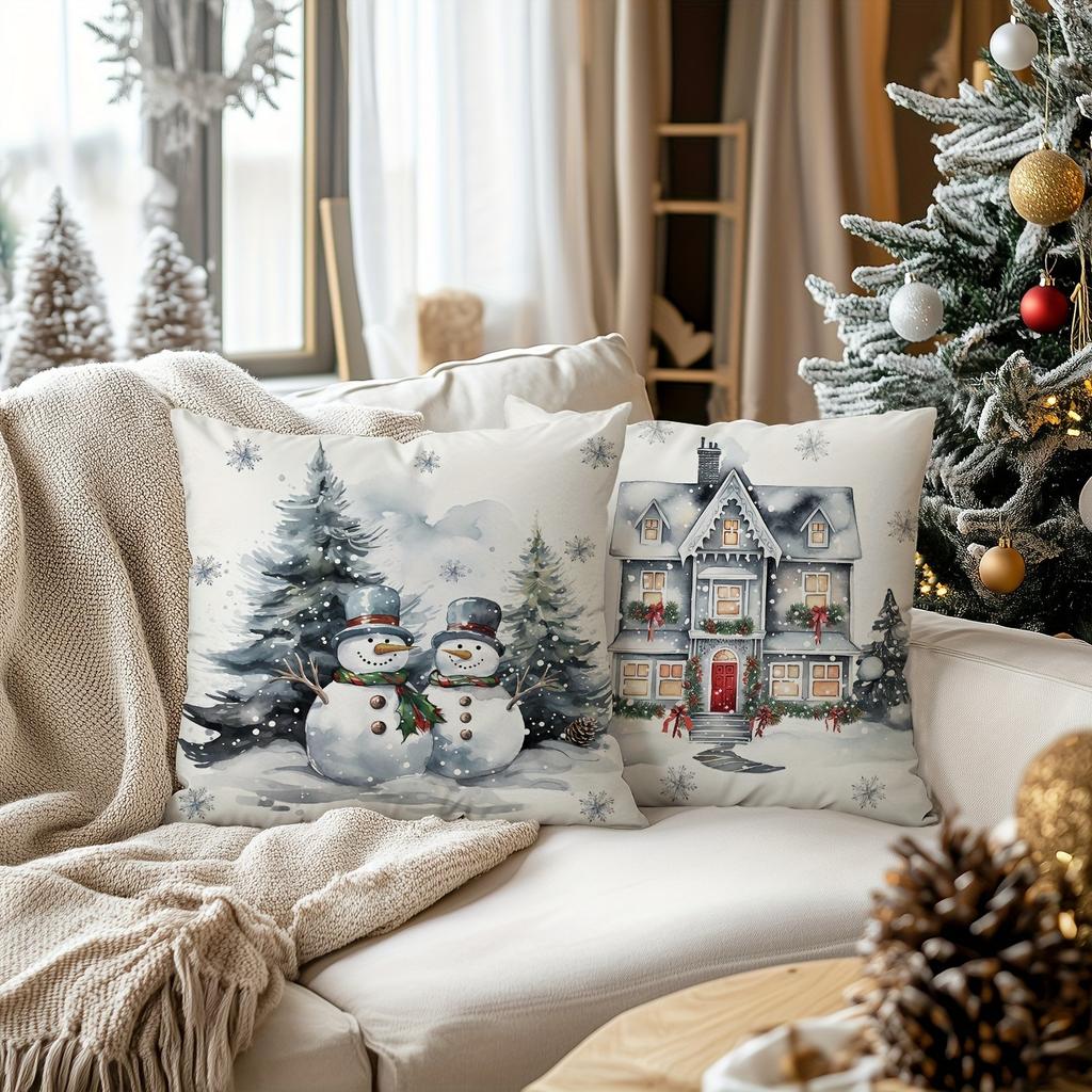 Festive Christmas Pillows: House, Tree, Deer, and Snowmen Designs Sofa Bed Cushion Cover, New Year Home Decoration