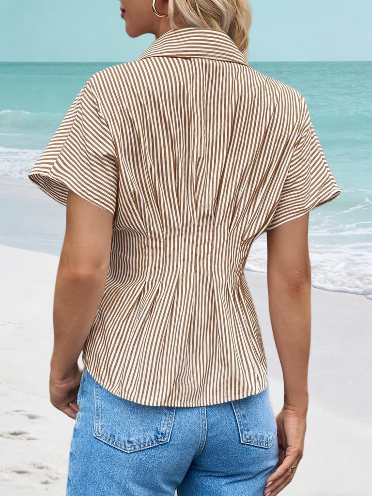 Womens Striped Button Down Shirt Short Sleeve Pleated Peplum Casual Blouse