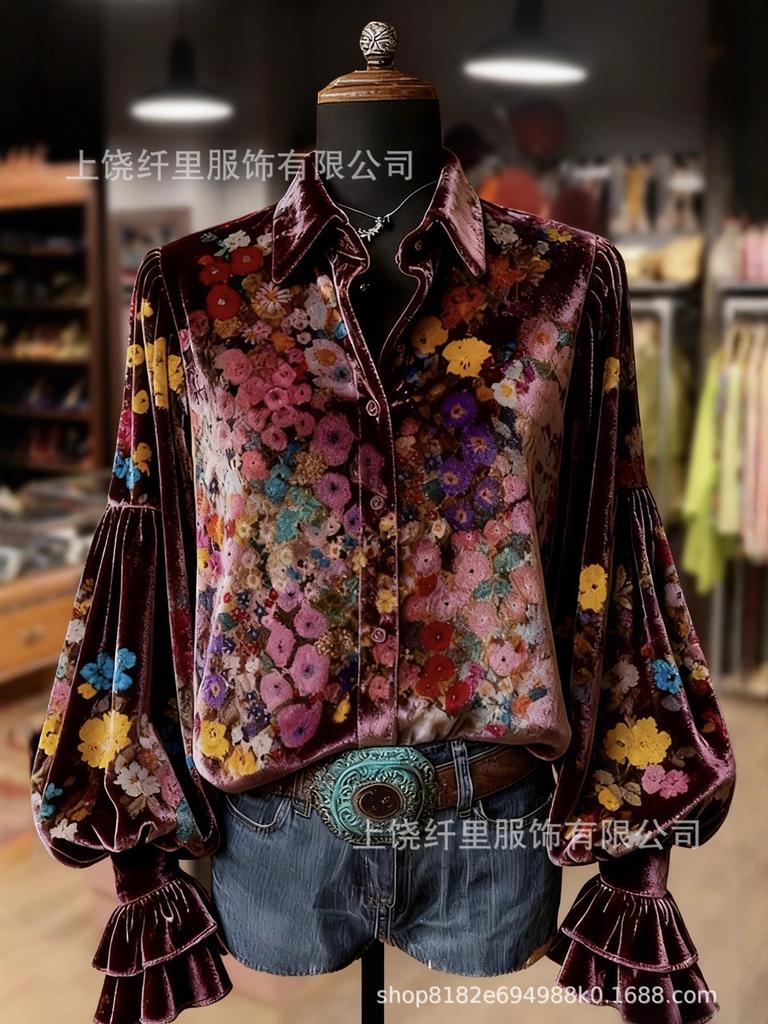 New Creative Fashion Velvet Lapel 3D Print Women's Long Sleeve Shirt