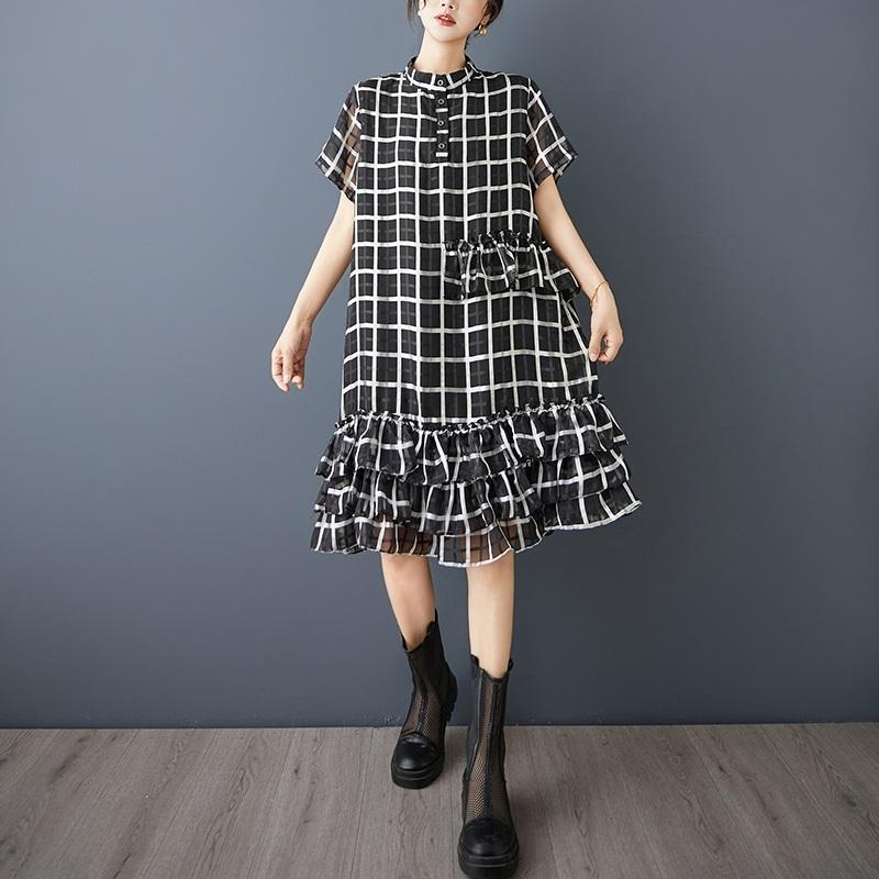 Kurzärmlig Übergröße Vintage Karomuster Neu in Kleider für Frauen Lässig Locker Midi Lang Sommerkleid