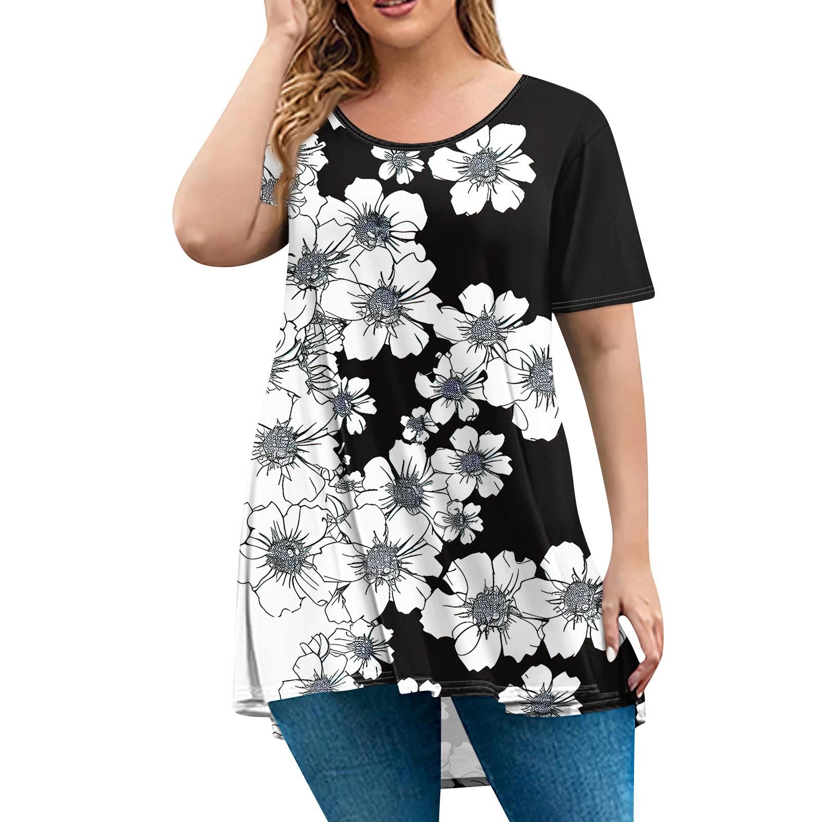 

Женская мода большого размера с круглым вырезом и коротким рукавом, повседневный свободный пуловер с принтом XL