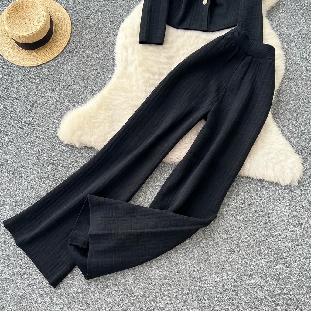 Herbst Winter Damen Vintage Designer Strickpullover Hose Zweiteiliges Set Blazerkragen Jacke Mantel und Weitbeinige Hose Trainingsanzug