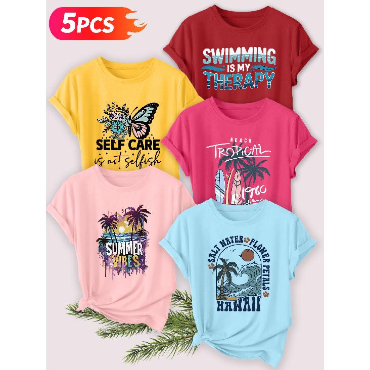 Five-piece Set Elegant Short-sleeved Shirt for Women Coconut Trees and Waves by the Sea SELF CARE English Resort-style Printed Round-neck Women's