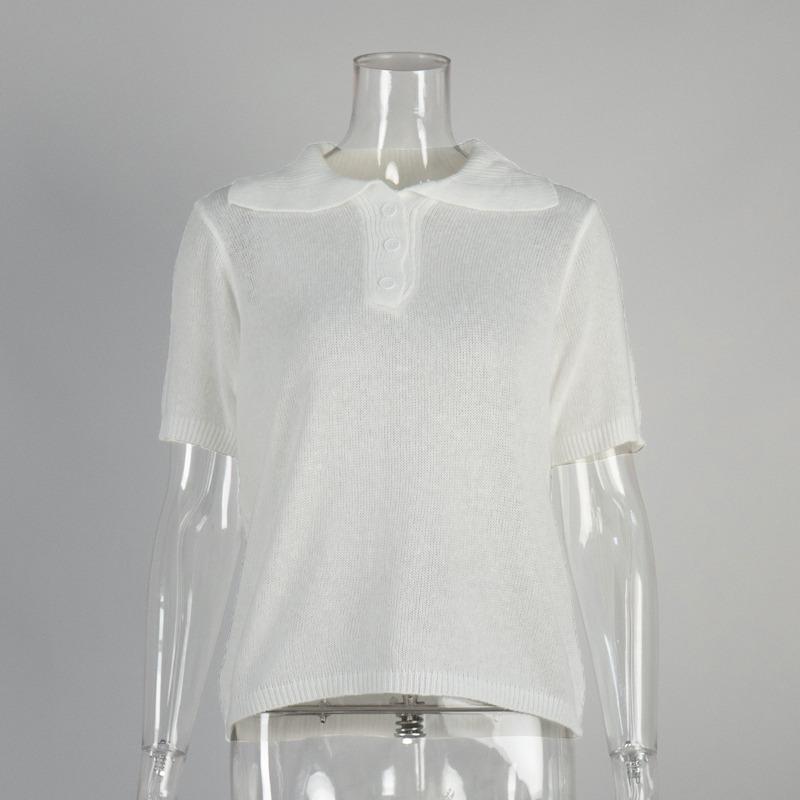 Suéter calado de punto de manga corta 2025 otoño y verano nuevo camiseta de manga abullonada suéter de punto simple mujer