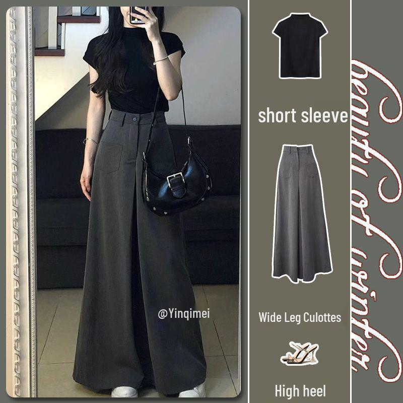 

Летний повседневный комплект из двух предметов: Кюлоты широкого кроя и топ с коротким рукавом S