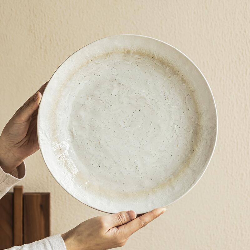 Sesame Glaze Ceramic Large Plate, Simple Tableware, Round Plate, Household Vegetable Plate, Large Western Plate, Steak Plate.