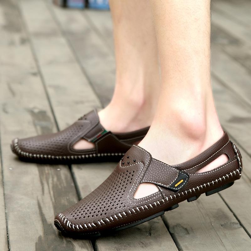 Summer New Men's Casual Hollow Breathable Doudou Shoes Comfortable, Light and Non-slip Hand-sewn Bag Head Sandals