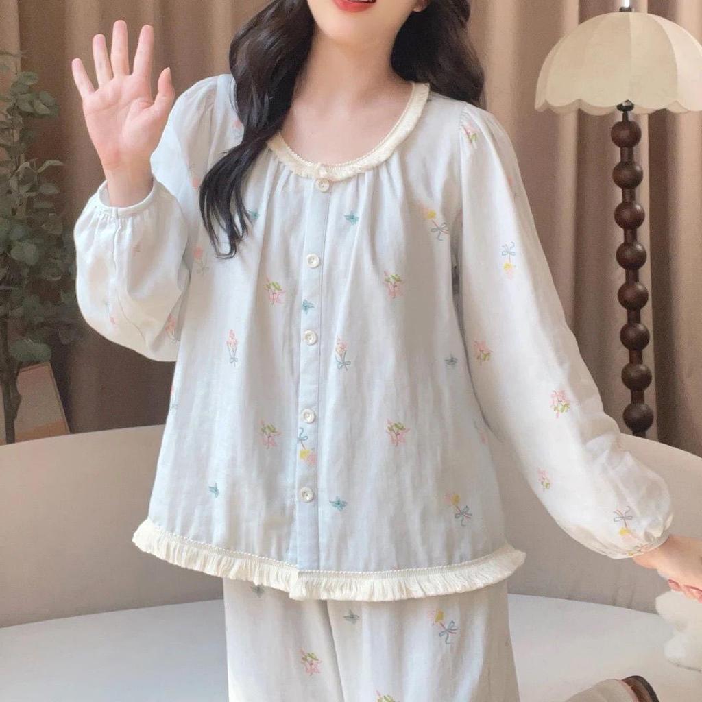 2026 Women's Double Long Cloud Cotton Pajama Set, Spring/Autumn Cardigan Style with Lace, Sweet Solid Color Home Wear