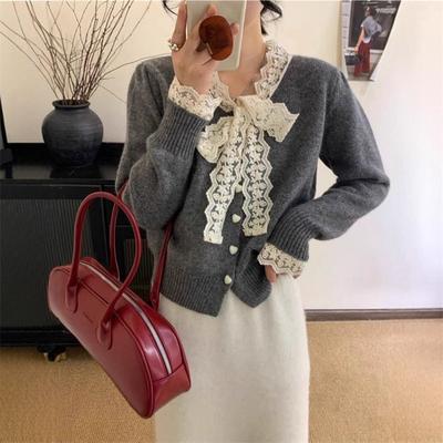 Autumn and Winter New Sweet Knitted Cardigan Jacket Top Bow Soft Waxy Lace Premium Sweater Women's Clothing