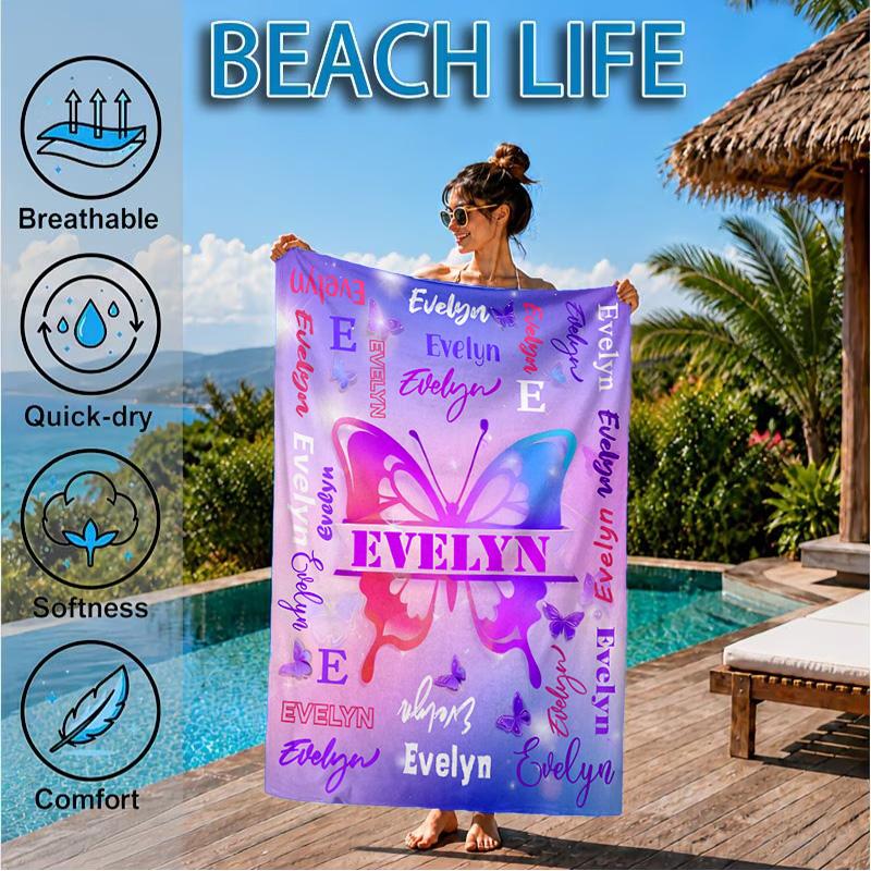 Custom Name Your Name Art Design Beach Towel Microfiber Beach Towel, Lightweight and Quick-Dry, for Summer Travel, Swimming Pool Gift