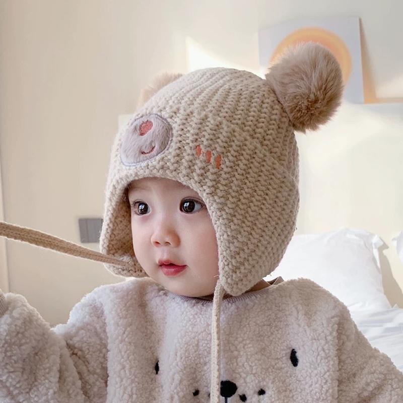Baby Wool Hat For Boy Girls Cute Bear Ear Protection Hat Children Winter Thickened Warm Knitted Korean Cute Pompom Baby Hat